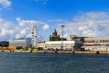Panorama Of Embankment In Helsinki At Summer Sunset Evening, Sunrise Morning, Finland. Cityscape View From Sea
