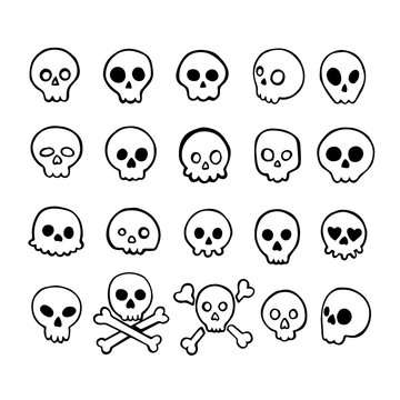 Set of doodle skulls with bones