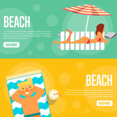 Beach vector illustration. Sexy girl sunbathes on beach under umbrella on green background. Man sunbathes on beach on orange background. Summer holidays. Website template. Flat design banner