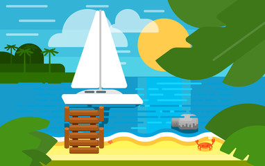 Fototapeta premium Summer banner vector illustration. Seascape with sailing yacht. Summer beach with sun lounger, sea crab, palm trees and sunset. Tropical scenery. Natural landscape. Summer vacation. Flat design banner