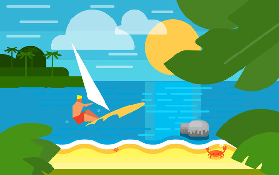 Summer banner vector illustration. Surfer riding on waves. Summer beach with sea crab, palm trees and sunset. Tropical scenery. Natural seascape. Extreme sea sports. Summer time.