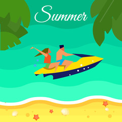 Summer background, vector illustration. Couple in life jackets riding her yellow jet ski in water. Sand beach with palm leaves and starfish. Natural landscape. Summer time. Extreme sea sports
