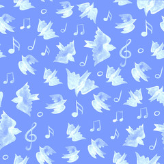 Fototapeta premium Bird seamless pattern, spring background with singing birds