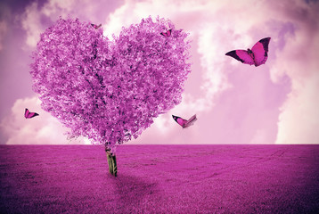 Naklejka premium Beautiful field with heart shape tree and butterflies. Abstract pink landscape background.