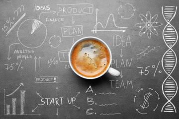 Cup of tasty coffee on gray background. Sketch of business plan.