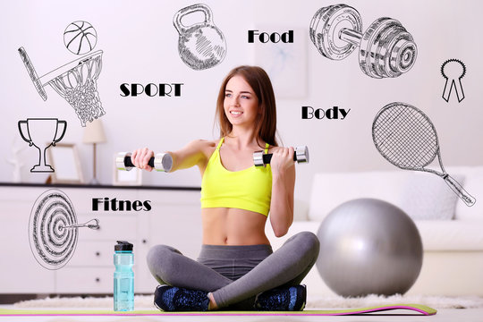Beautiful young woman doing exercise with dumbbells at home. Sport lifestyle concept. Diversity of sport icons on background.
