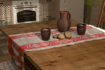 Still life with pottery, milk and bread in the kitchen