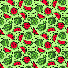 Seamless pattern of slices of watermelon. Colorful vector illustration for kids.