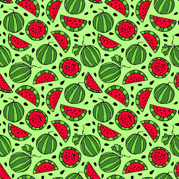 Seamless pattern of slices of watermelon. Colorful vector illustration for kids.