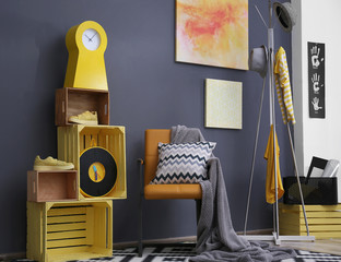 Stylish room interior with yellow furniture