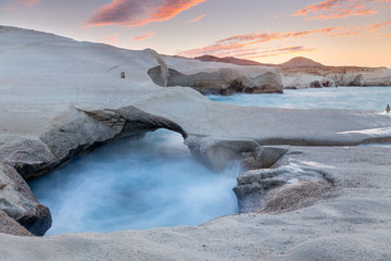 Scenery at sunset with volcanic rocks, Sarakiniko, Milos island, Greece.