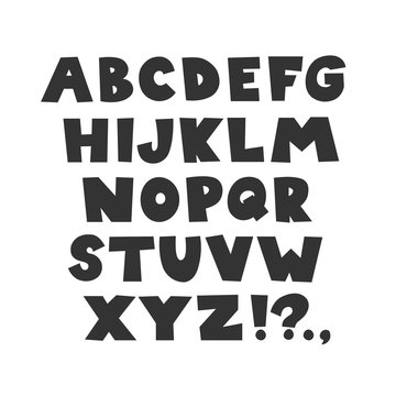 Funny childish alphabet. Vector hand drawn cartoon doodle font illustration for kids.