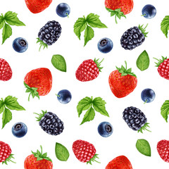 Seamless pattern with hand-drawn Berries. Digitally colored illustration.