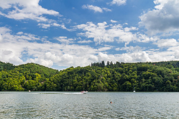 Fototapeta na wymiar Slapy dam on Vltava river. Water reservoir and famous tourist place in Czech republic, European Union.