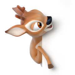 little cartoon deer looks out from behind a paper