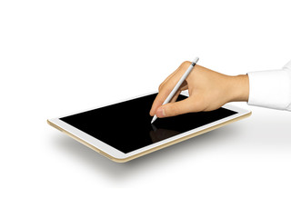 Hand holding stylus near graphic tablet blank screen. Empty tab display mock up. Designer drawing,...