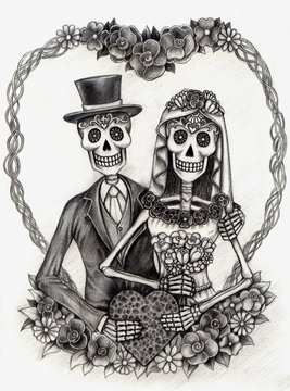 Sugar skull couple love wedding day of the dead hand pencil drawing on paper.