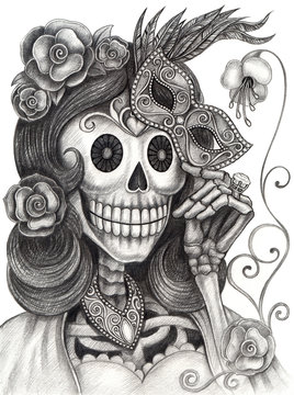 Women Skull day of the dead.Art design women skull head action smiley face day of the dead festival hand pencil drawing on paper.