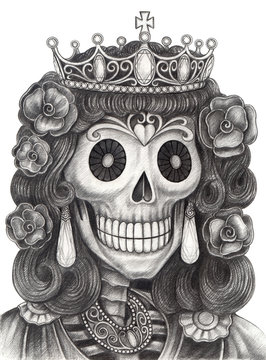 Queen Skull day of the dead.Art design skull head action smiley face day of the dead festival hand pencil drawing on paper.