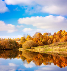 Autumn Landscape. Yellow Trees, Blue Sky and Lake.
