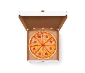 Opened pizza box with tasty pizza design mock up top view isolated. Carton packaging food box delivery clear mockup. Cardboard meal box template. Open food brown box presentation. Pizzeria box.