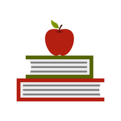 Two books with red apple icon in flat style on a white background