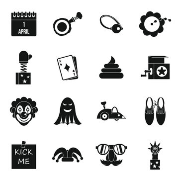 April fools day icons set in simple style. Prank playful actions set collection vector illustration