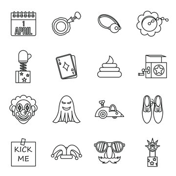 April fools dayicons set in outline style. Prank playful actions set collection vector illustration