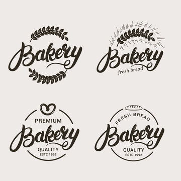 Set of bakery and bread logo. Hand written lettering logotype, badge, label, emblem. Vector illustration.