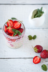 Healthy breakfast: overnight oats with fresh strawberries