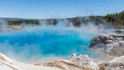 Blue lake with steam. Amazing blue pool. Midway Geyser Basin, Yellowstone National Park, Wyoming