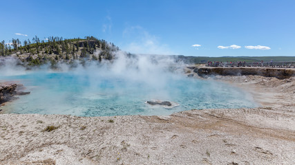 Unusual colors of blue lake. Midway Geyser Basin, Yellowstone National Park, Wyoming