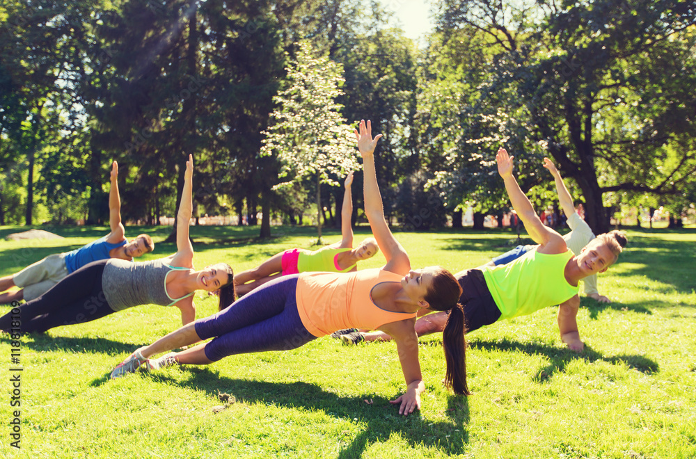 Poster group of happy friends exercising outdoors