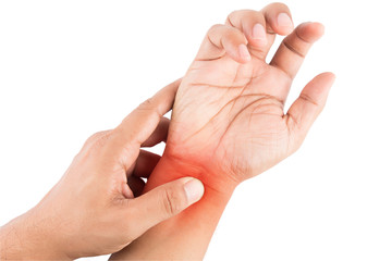 Woman massaging her painful hand on white background