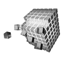Apart flying glass cube, 3D Illustration