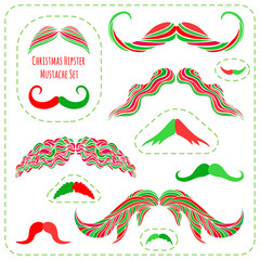 Mustache Christmas collection. Set of hipster whiskers of Christmas colors. EPS 10 vector illustration isolated on white.