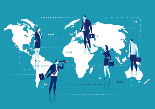 Global Business. Group of business persons standing on the world map. Business concept illustration.
