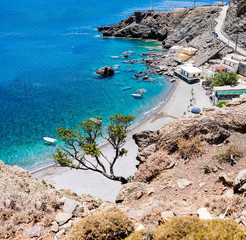 Maridaki beach. A beautiful remote beach in south Crete, Greece. Accessible by car by a long dirt road or by a 45-minutes trekking path from the nearest beach of Tsoutsouros. - obrazy, fototapety, plakaty