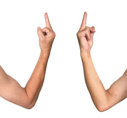 Middle finger / Human hands show middle finger on white background.
