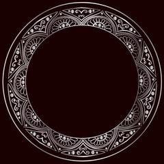 drawing of a round silver gradient frame  with floral ornament on a black background