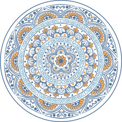 Drawing of a floral mandala in blue and orange colors on a white background