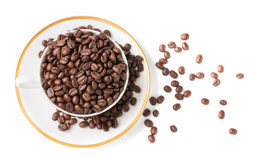coffee beans in cup, isolated on white
