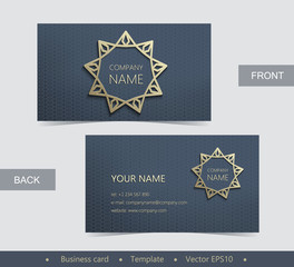Layout business card with golden emblem on a dark blue background with ornament. Elegant abstract composition. Vintage style. Design templates. Easy to use and edit.