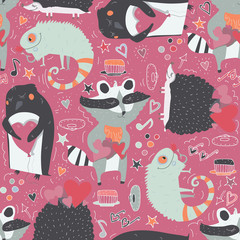 Seamless vector pattern with cute animals such as raccoon, iguana and hedgehog and penguin with hearts, decorated with doodle stars, hearts and hand drawn decor. Cute illustration on vivid pink