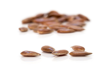 Close up of linseeds with other blurred linseeds in the white background