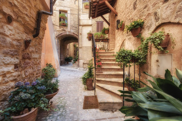 Nooks and streets of the beautiful Italian towns in Umbria. - 118825761