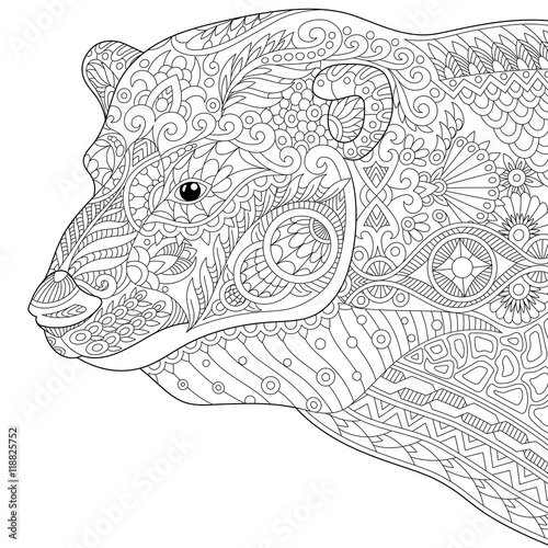 Stylized Polar Bear Isolated On White Background Freehand Sketch For Adult Anti Stress Coloring