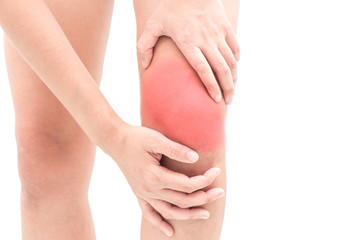  woman with knee pain isolated on white background
