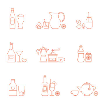 Vector drink icon set. Thin line style design. Serving beverages in ware. Part 2