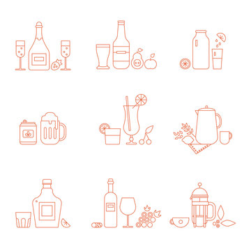 Collection of alcohol coctails and other drinks. Thin line drink icon set. Part 1